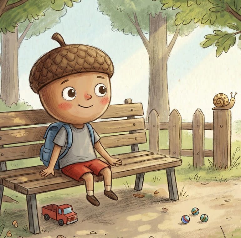 Dylan the Acorn sitting calmly on a park bench — official artwork