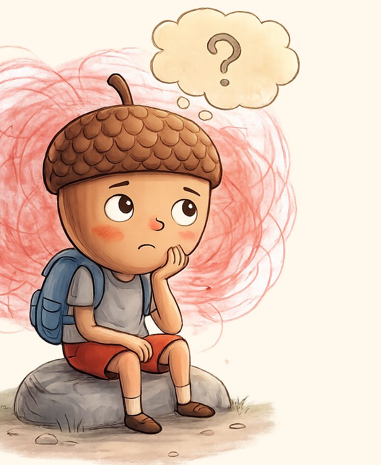 Dylan the Acorn with a swirling red feeling around him — official artwork
