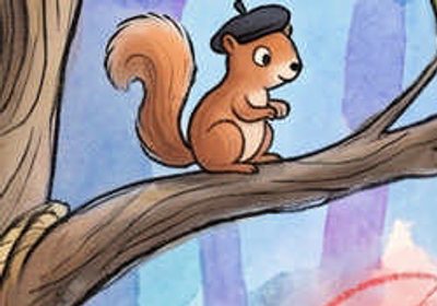 Dylan's squirrel friend wearing a beret, sitting on a branch — official artwork